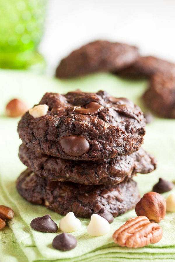 Nutty Triple Chocolate Brownie Cookies – rich chocolate cookies loaded with both white and dark chocolate chips, plus two kinds of toasted nuts!