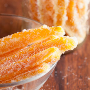 Candied orange peel is deceptively simple to make and loaded with flavour! It can be eaten as-is (delicious!) or used in other recipes.