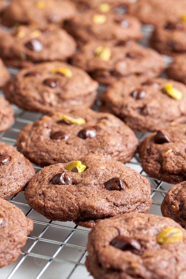 Double Chocolate Pistachio Orange Cookies – rich chocolate cookies with crunchy pistachios and sweet tart candied orange peel. Delicious!