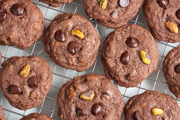 Double Chocolate Pistachio Orange Cookies – rich chocolate cookies with crunchy pistachios and sweet tart candied orange peel. Delicious!