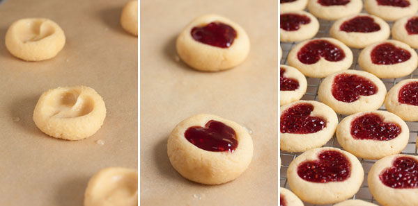 Perfectly soft and buttery little heart-shaped jam thumbprint cookies.