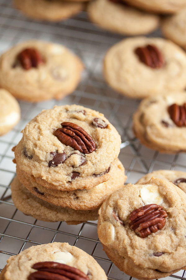 Triple Chocolate Pecan Cookies – soft and chewy, loaded with milk, white, and dark chocolate chips, and topped by a crunchy toasted pecan.