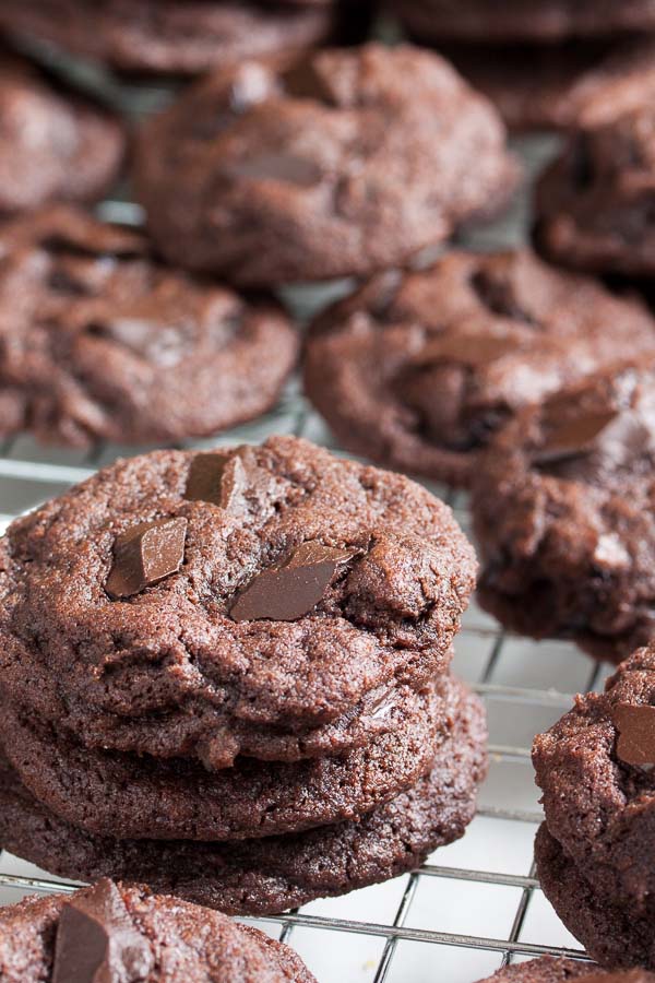 This Double Chocolate Cranberry Cookie is for true chocoholics – a rich, moist chocolate cookie, loaded with even more chocolate chunks plus tart dried cranberries.