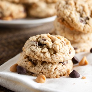 Chocolate and Peanut Butter Chip Cookies – two kinds of chips, plus grated chocolate, chopped nuts, and ground oats. Delicious!