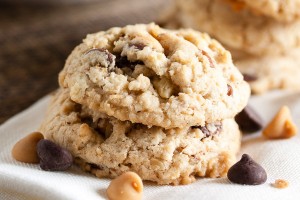 Chocolate and Peanut Butter Chip Cookies – two kinds of chips, plus grated chocolate, chopped nuts, and ground oats. Delicious!