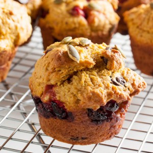 Pumpkin Muffins with Cranberries and Chocolate – moist and delicious, the flavours of fall made even better with the addition of rich dark chocolate.