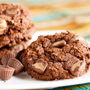 Chocolate Peanut Butter Cup Cookies – a rich, intensely chocolate peanut butter cookie, studded with mini peanut butter cups.