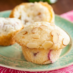 Rhubarb Almond Muffins – made with sour cream and incredibly rich and moist, with lots of sweet almond flavour, plus tart rhubarb.