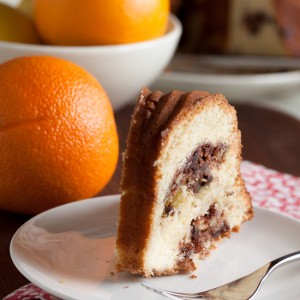 Chocolate Cinnamon Swirl Sour Cream Bundt Cake – a dense moist cake with a cinnamon-y swirl of chocolate, raisins and nuts. One of my all-time favourites!