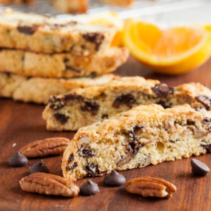 Orange Chocolate Chip Biscotti – orange biscotti with lots of chocolate chips, perfectly crunchy and tender. Just right for dipping in coffee!